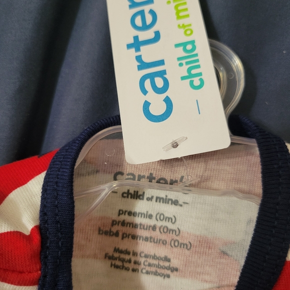 Carters Child of Mine Baby Romper Premie Red White Blue Patriotic Stripe New - Picture 2 of 3